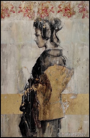 89 Exposicion AEPE. Madrid - Gracia Ramirez Juan - Geisha en blanco y negro - mixta (carboncillo, acrilico, pan de oro / lienzo) 120 x 90